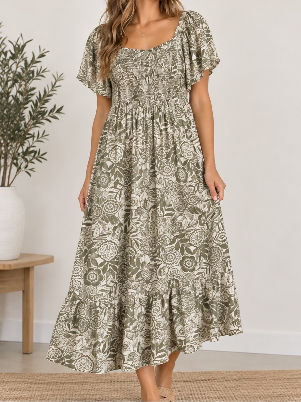 Just Found Olive Green Floral Smocked Boho Maxi Dress Medium